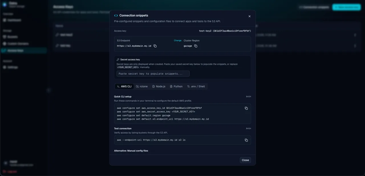 Ostra S3 connection snippets modal for AWS CLI, rclone, Node.js, and Python